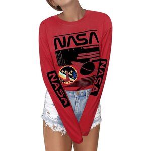 Women Long Sleeve NASA Space Letter Print Crew Neck Tee Top Casual